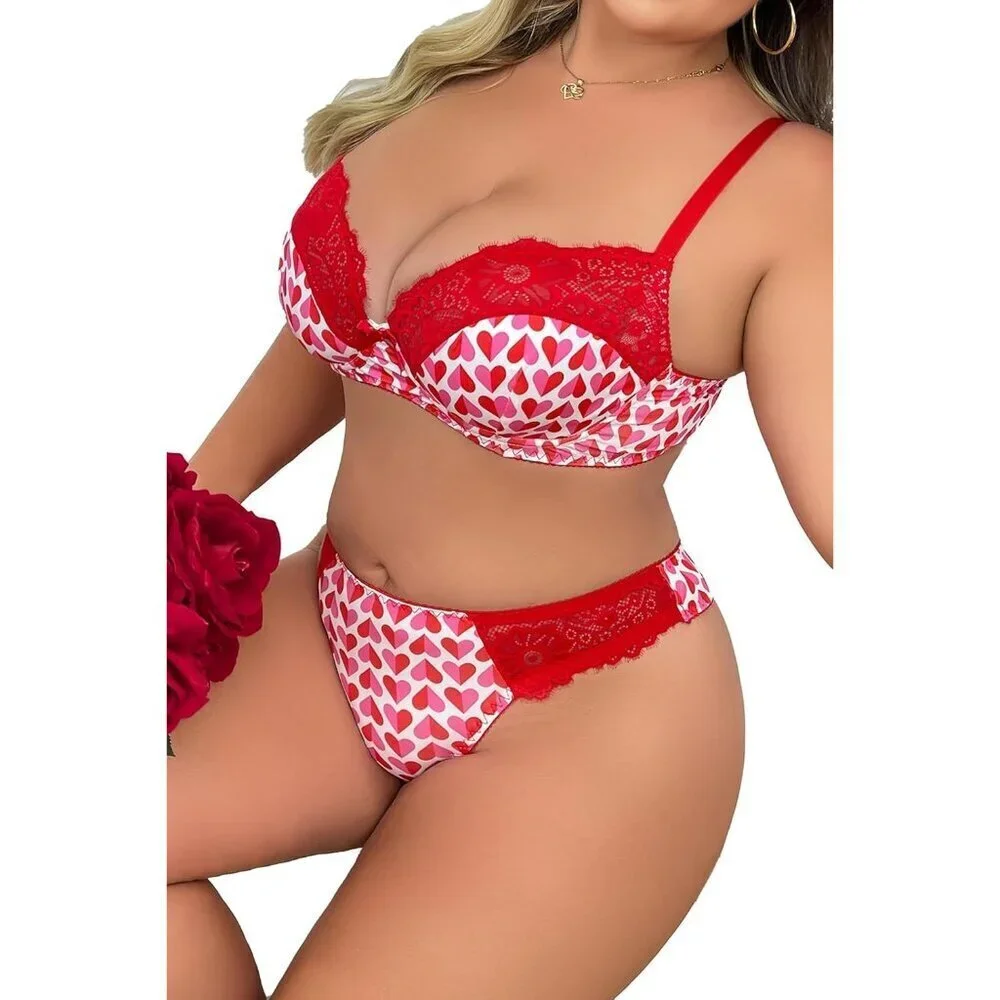 WOMEN'S Red Heart Sexy Lace Push Up Bra & Babydoll Nightwear Lingerie Set